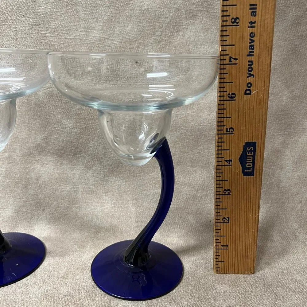 LIBBEY Cobalt Blue 2 BRAVURA Margarita Champagne Curved Stem Glasses 7 1/4 